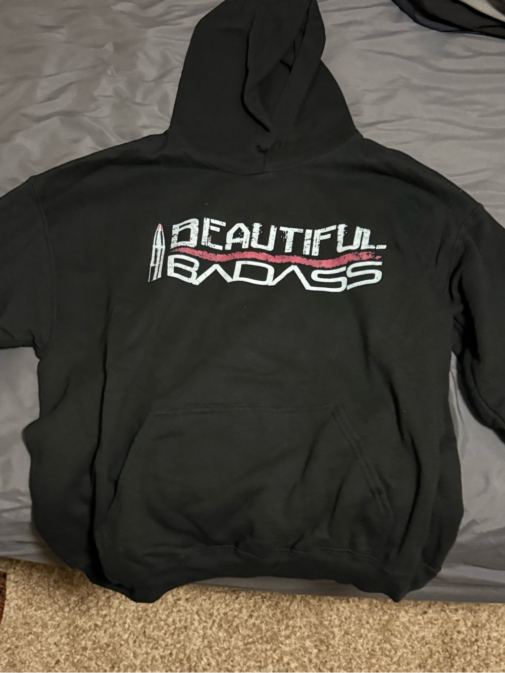 Grunt Style Black Hoodie with White and Red 'Beautiful Badass' Graphic - Men